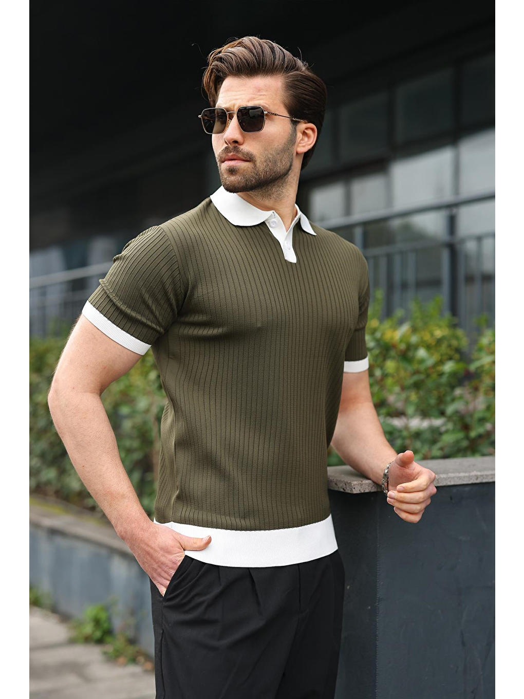 Haki Polo Yaka Triko Erkek Tişört E7471-2