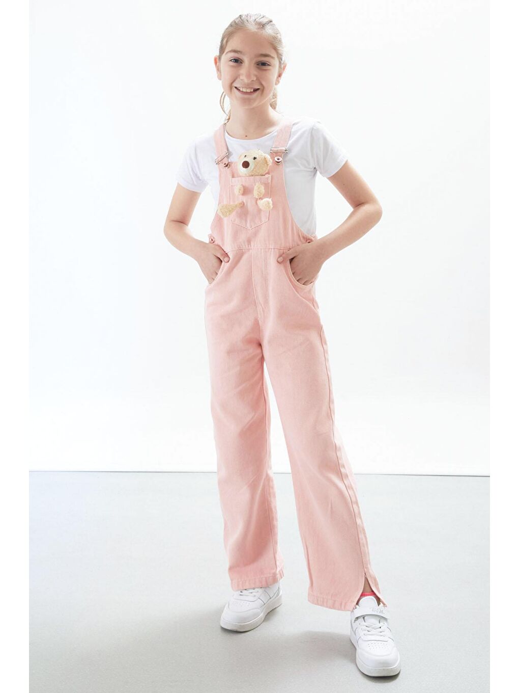 Pembe Somon Ayıcık Cepli Yırtmaçlı Kız Çocuk Salopet Tulum 17717