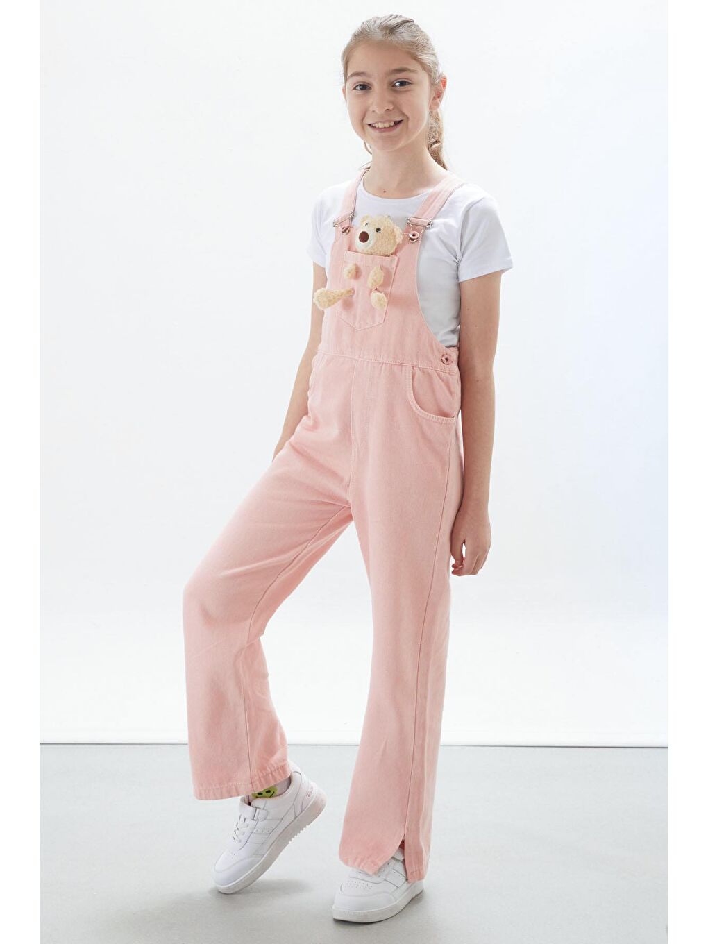 Pembe Somon Ayıcık Cepli Yırtmaçlı Kız Çocuk Salopet Tulum 17717-1