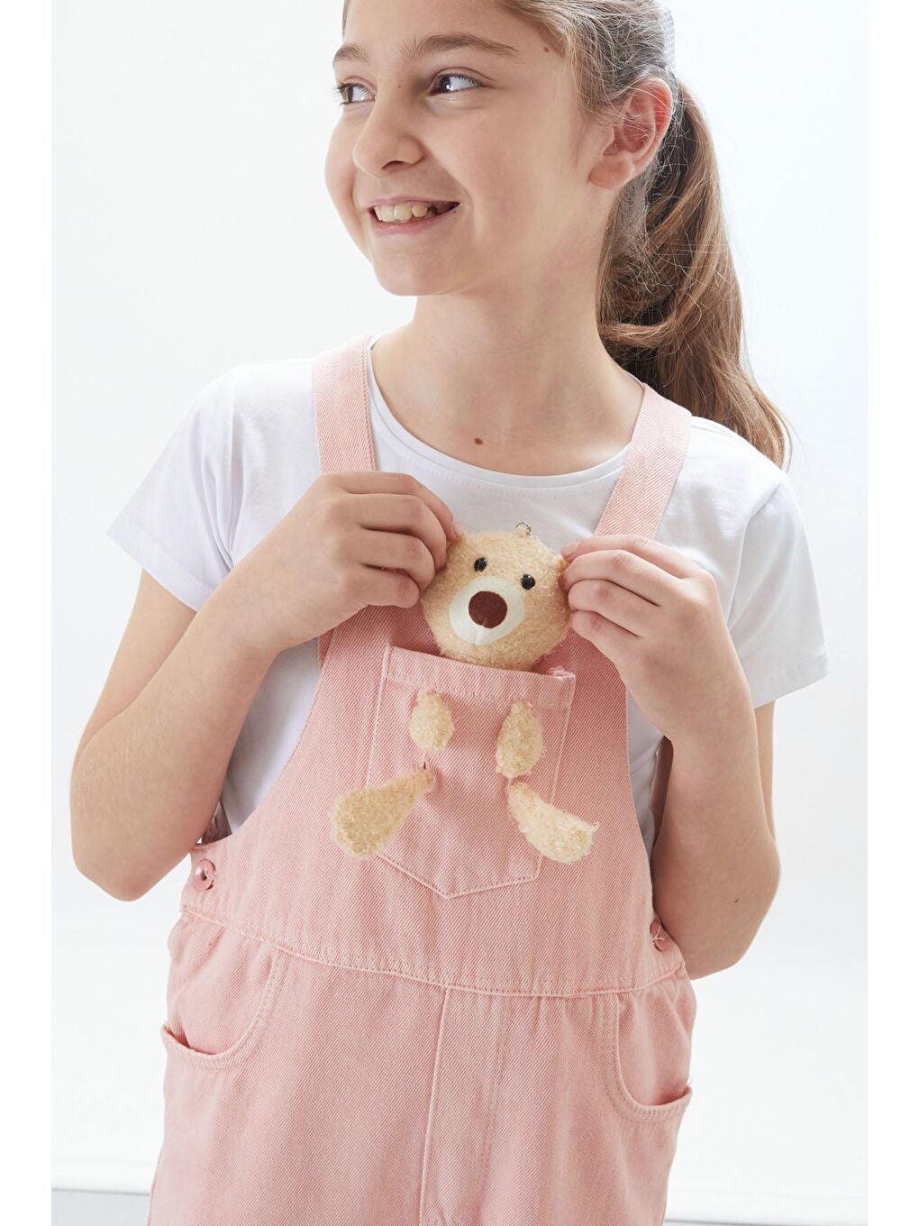 Pembe Somon Ayıcık Cepli Yırtmaçlı Kız Çocuk Salopet Tulum 17717-2