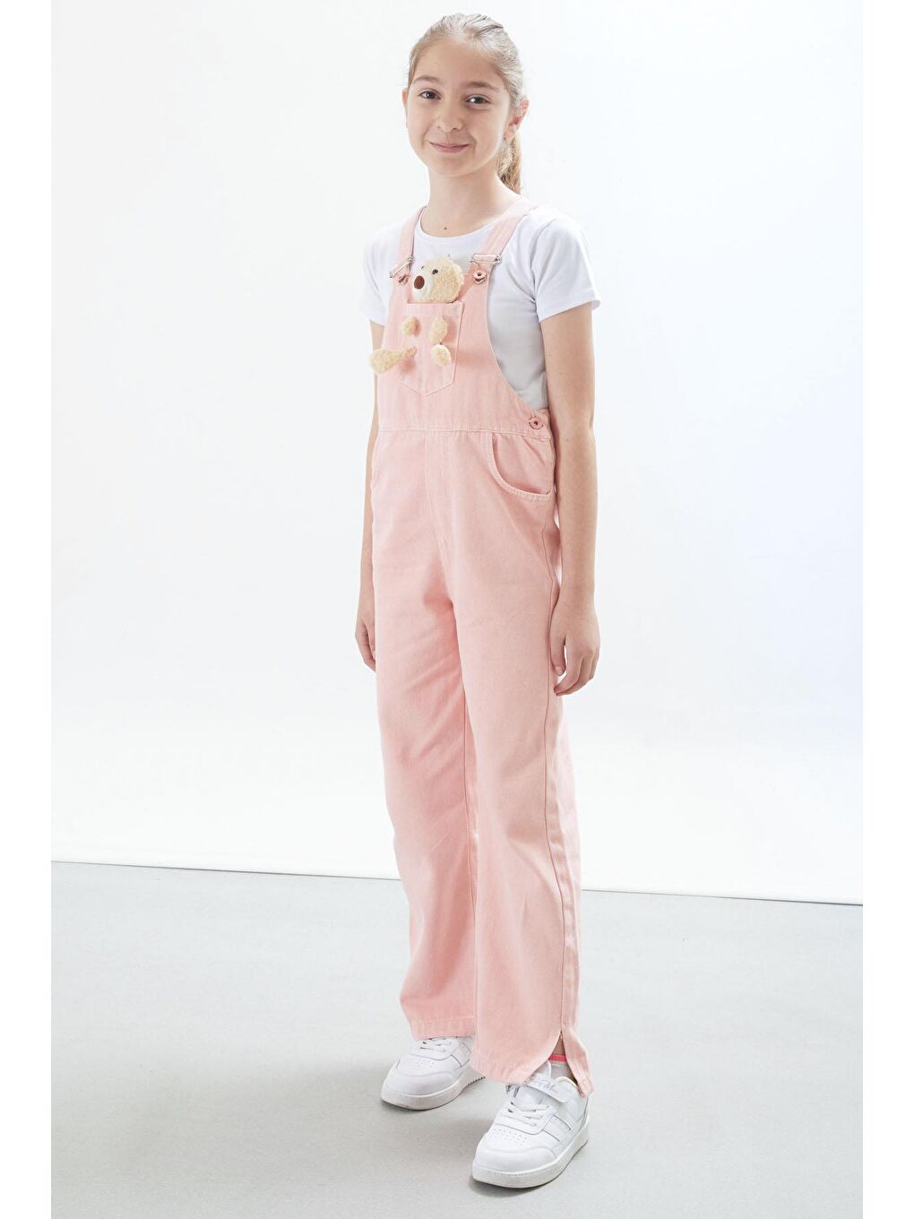 Pembe Somon Ayıcık Cepli Yırtmaçlı Kız Çocuk Salopet Tulum 17717-3