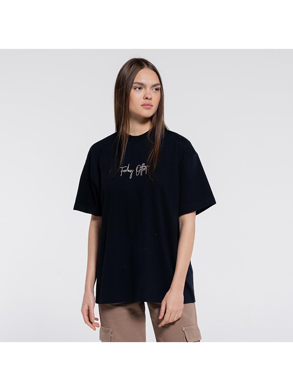 Friday Offset Melaine Kadın Siyah %100 Pamuk Ekstra Oversize Bisiklet Yaka Tişört