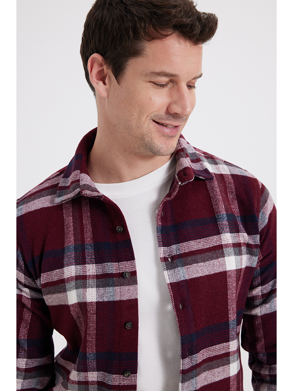 Bordo Erkek Slim Fit Dar Kesim Kareli Kışlık Oduncu Gömlek-1