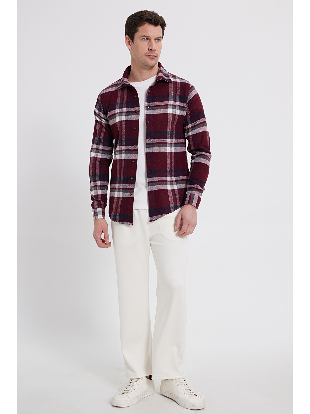 Bordo Erkek Slim Fit Dar Kesim Kareli Kışlık Oduncu Gömlek-2