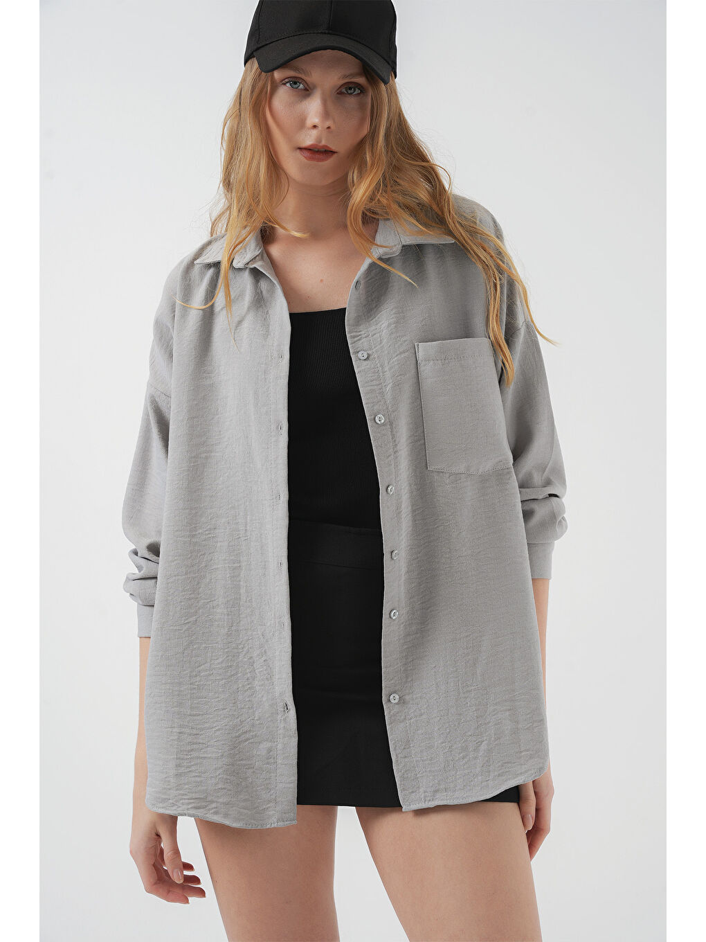 20153 Tek Cepli Oversize Keten Gömlek - Gri