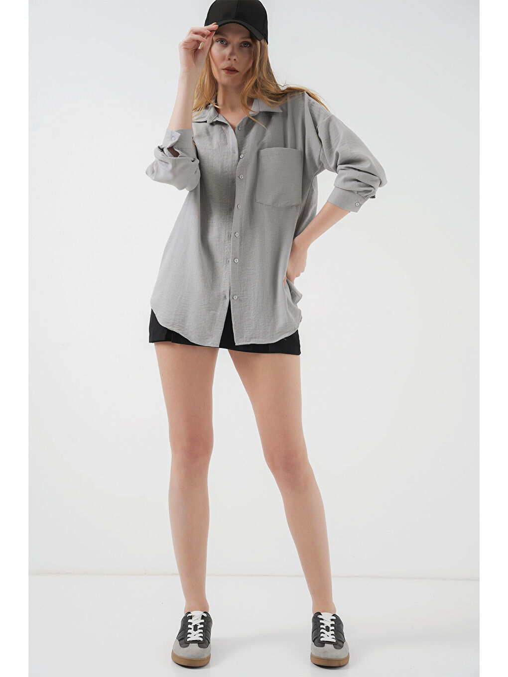 20153 Tek Cepli Oversize Keten Gömlek - Gri-1