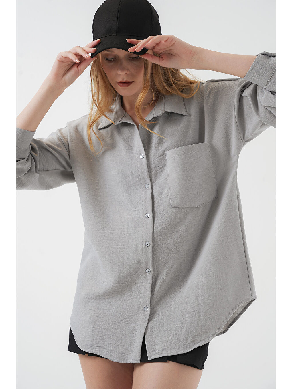 20153 Tek Cepli Oversize Keten Gömlek - Gri-2