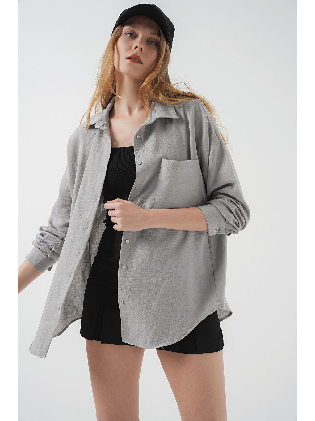 20153 Tek Cepli Oversize Keten Gömlek - Gri-3