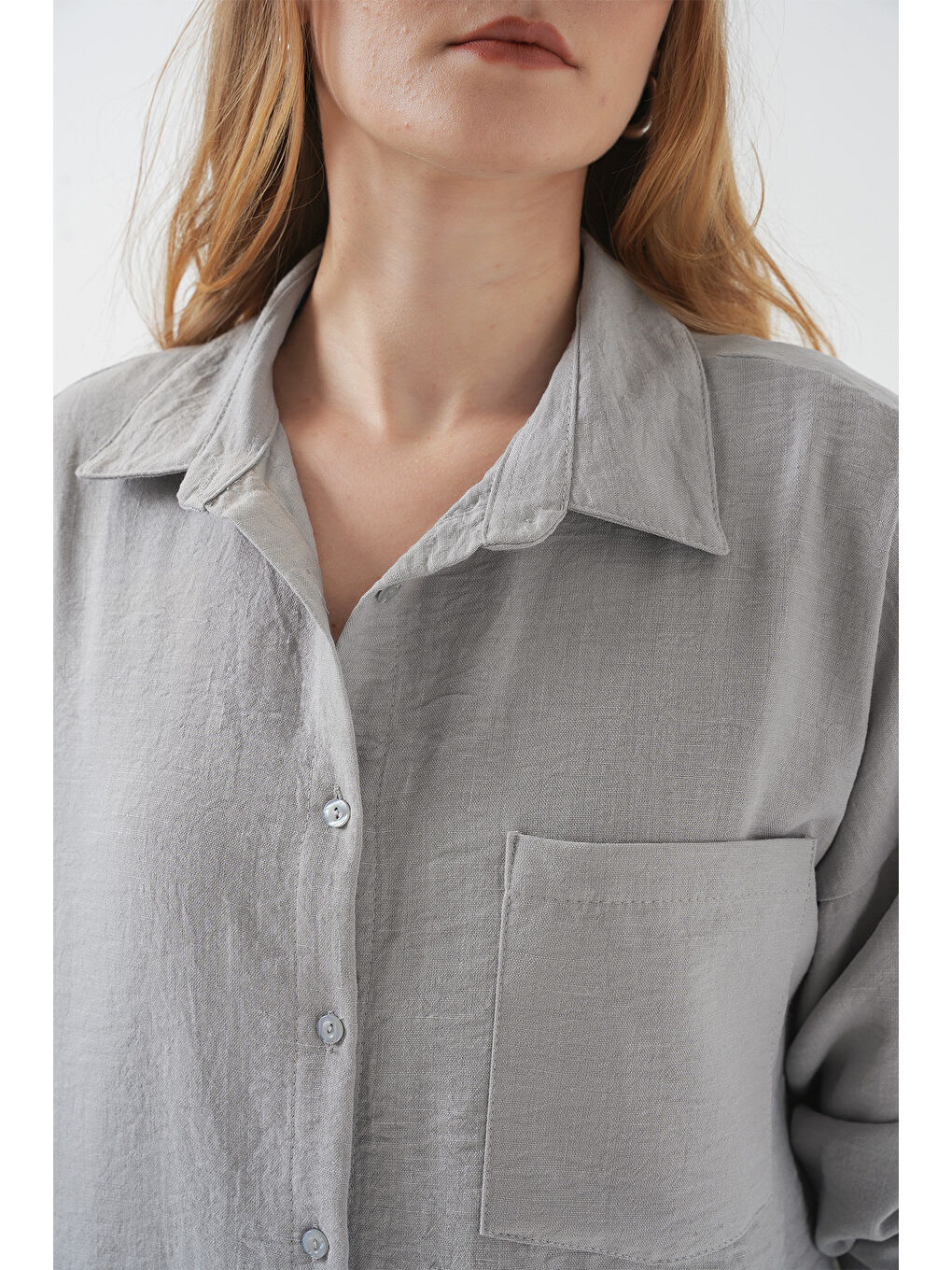 20153 Tek Cepli Oversize Keten Gömlek - Gri-4