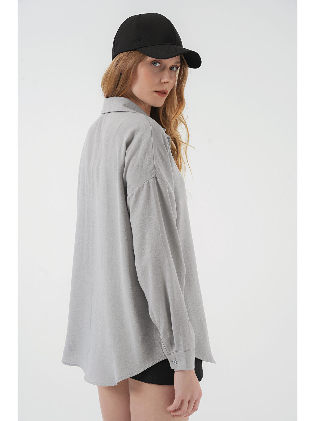 20153 Tek Cepli Oversize Keten Gömlek - Gri-5