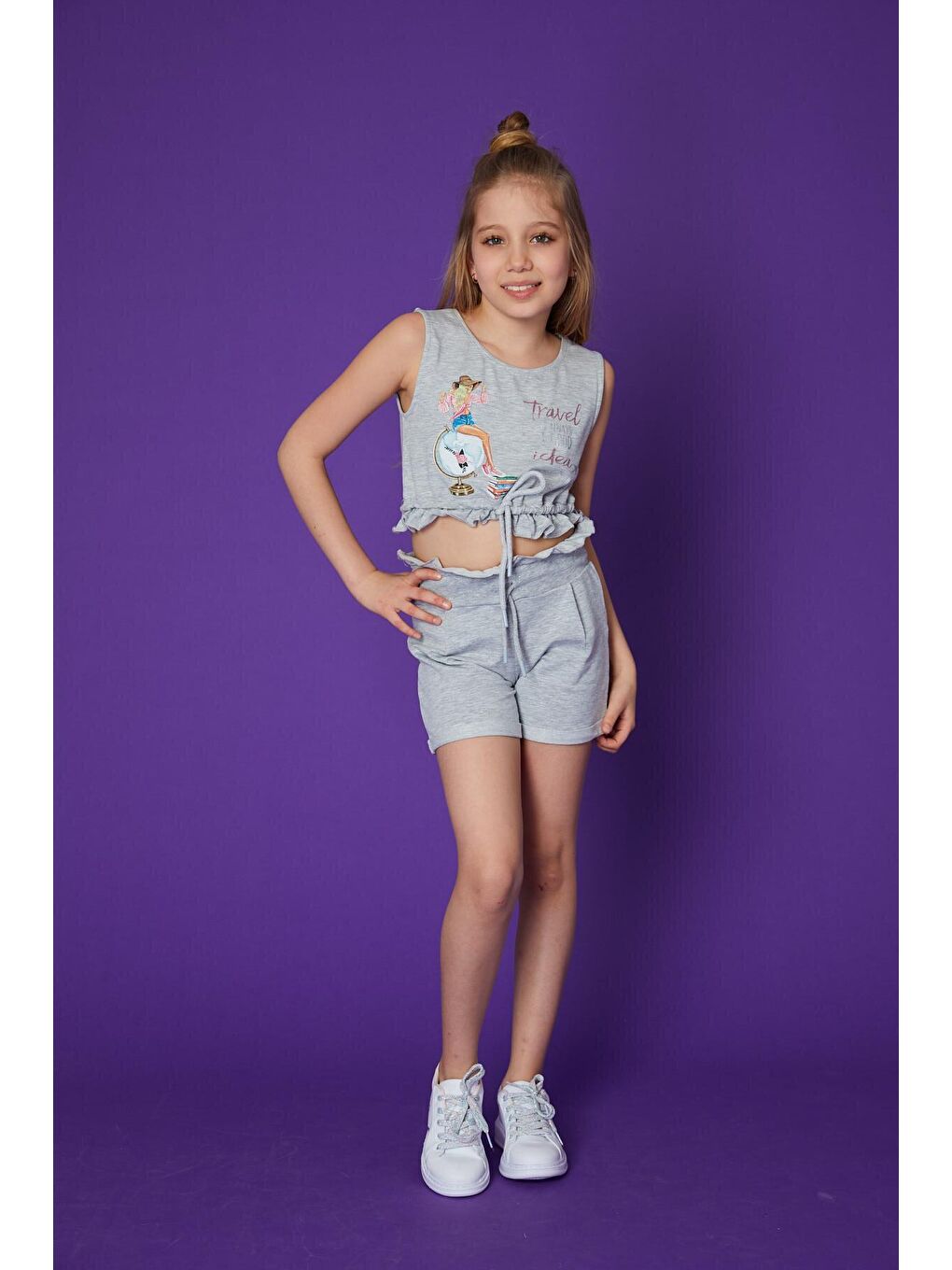 Gri Kız Çocuk Baskılı İpli Crop Atlet