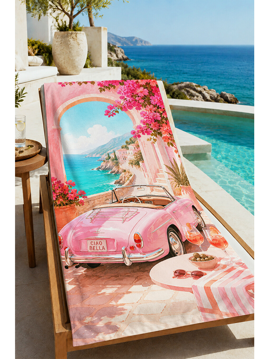 Retro Riviera Pembe Klasik Araba Ve Sahil Desenli 70x150 Plaj Havlusu - Pamuklu Banyo Havlusu
