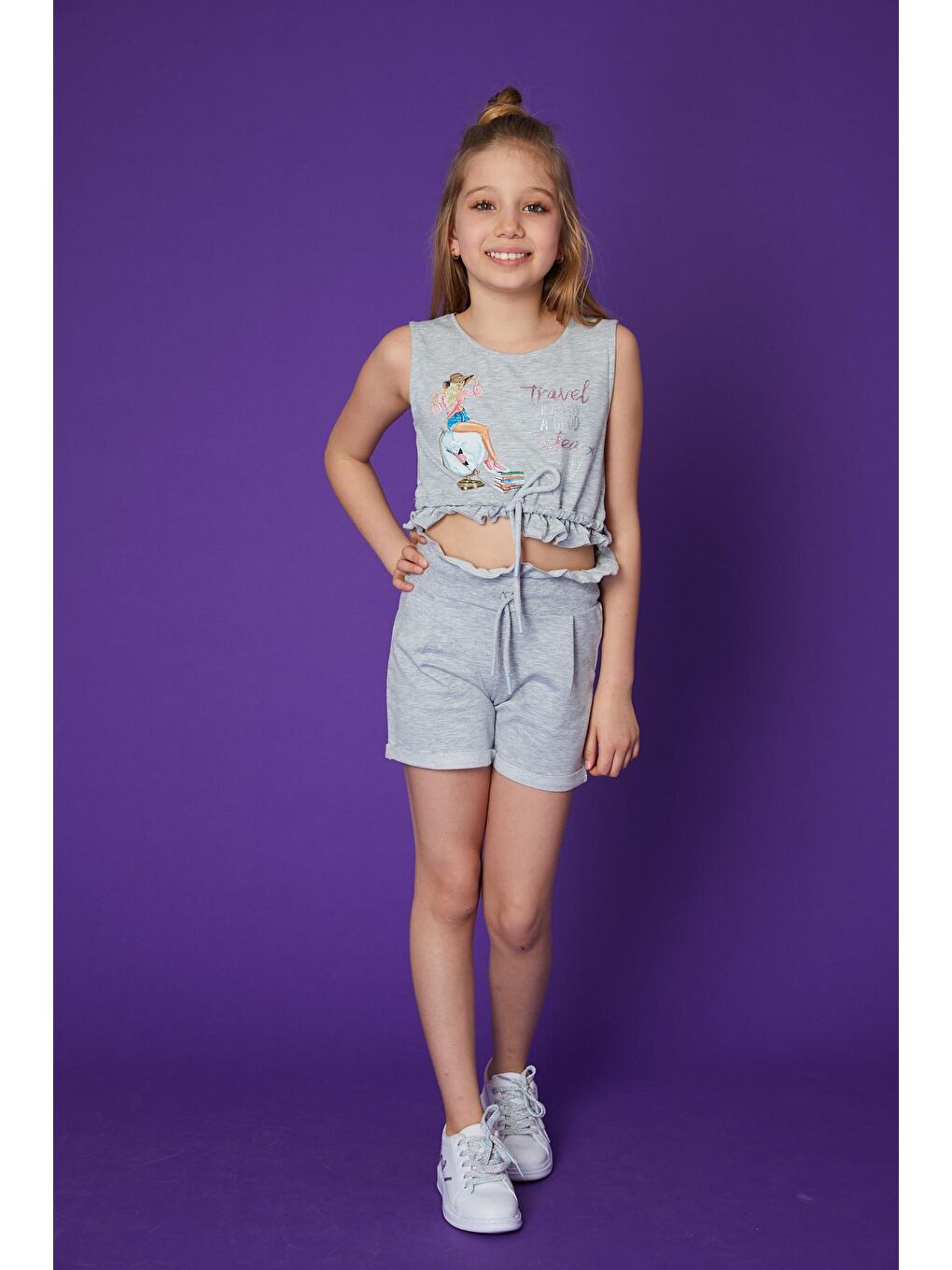 Gri Kız Çocuk Baskılı İpli Crop Atlet-1