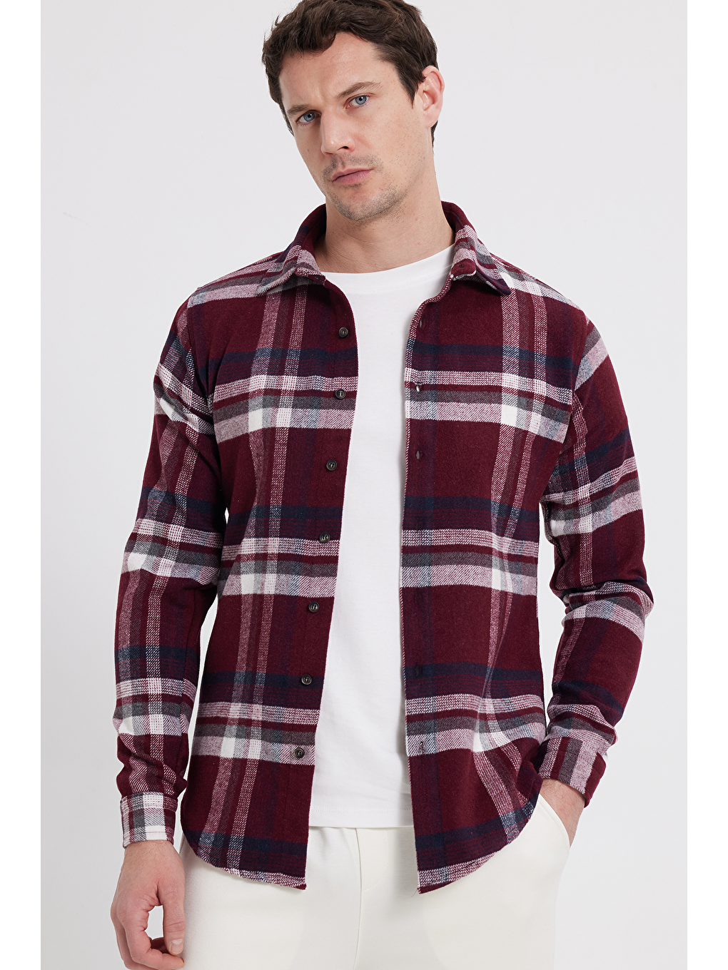 Bordo Erkek Slim Fit Dar Kesim Kareli Kışlık Oduncu Gömlek-5