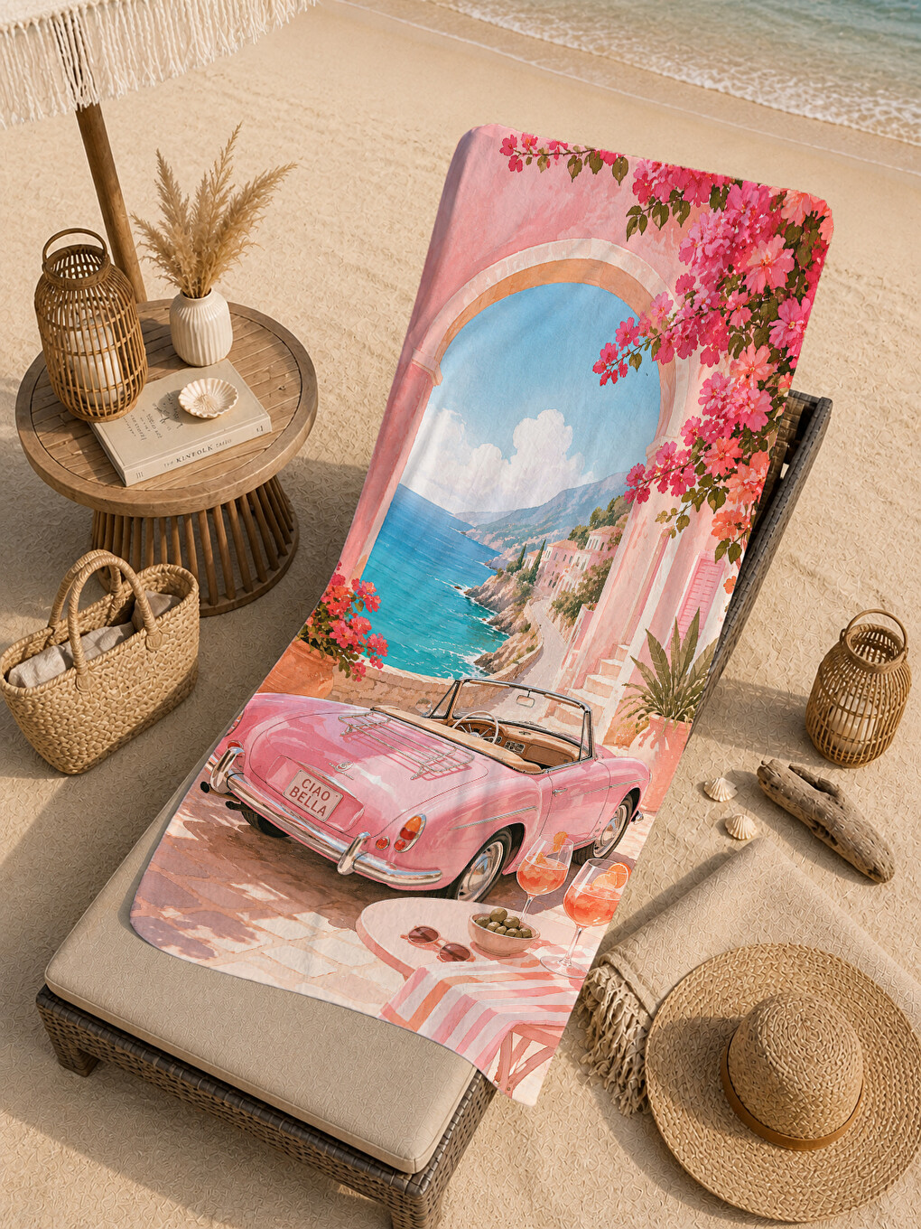 Retro Riviera Pembe Klasik Araba Ve Sahil Desenli 70x150 Plaj Havlusu - Pamuklu Banyo Havlusu-1