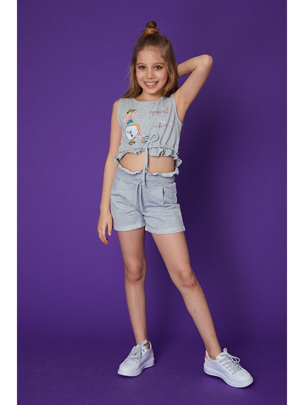 Gri Kız Çocuk Baskılı İpli Crop Atlet-2