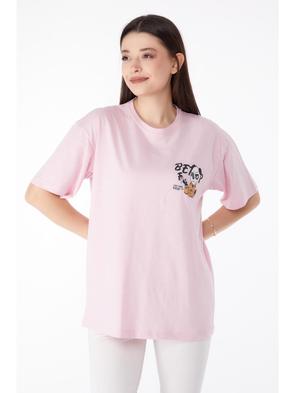 TOFİSA Pembe Düz Bisiklet Yaka Kadın Pembe Baskılı T-shirt - 25286