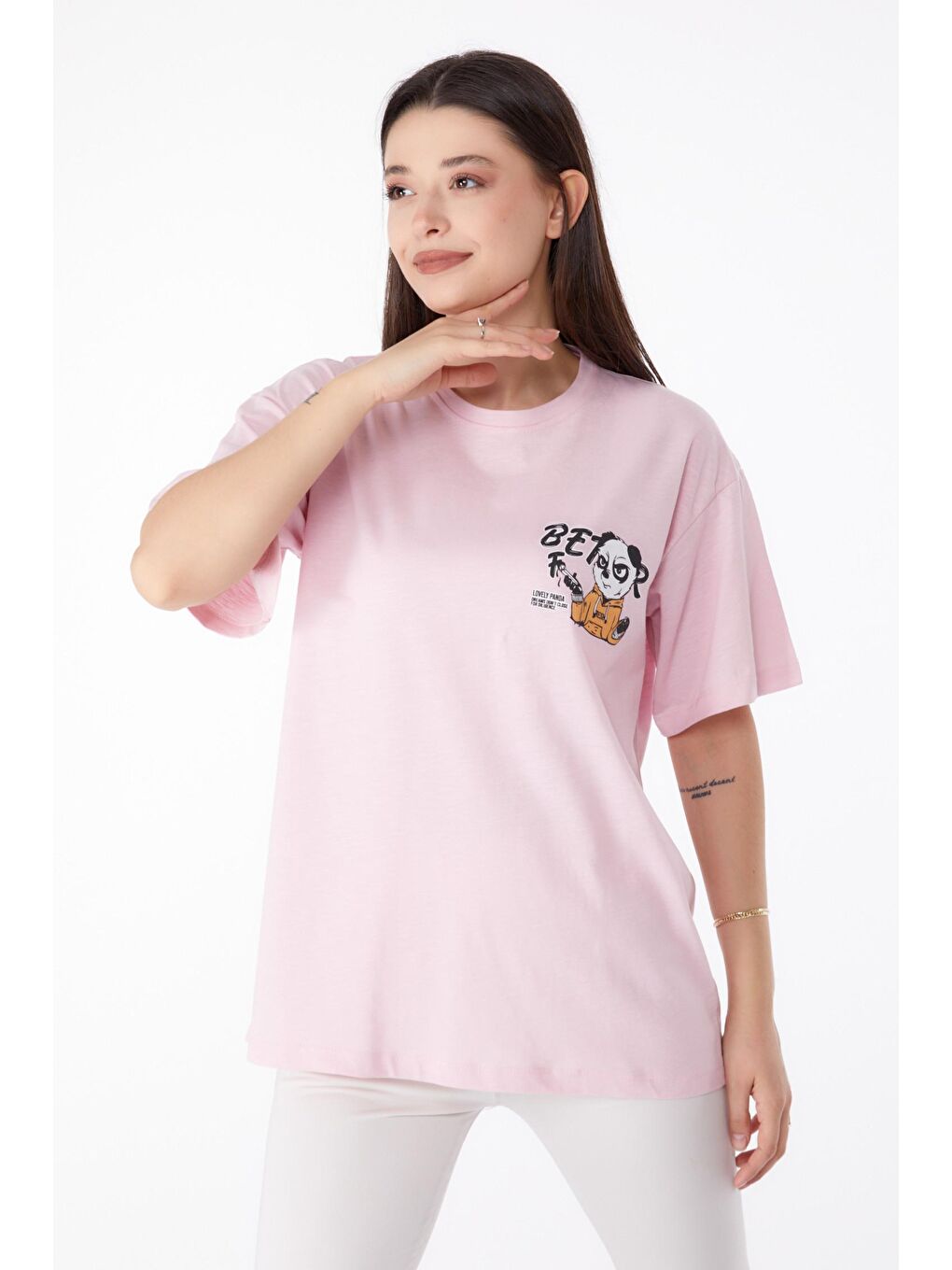 TOFİSA Pembe Düz Bisiklet Yaka Kadın Pembe Baskılı T-shirt - 25286 - 1