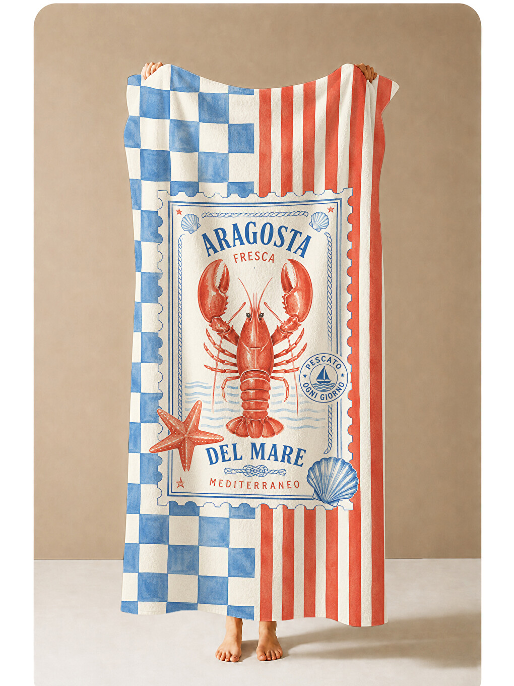 Retro Istakoz Kırmızı Mavi Ekose Poster Desenli 70x150 Plaj Havlusu - Pamuklu Banyo Havlusu