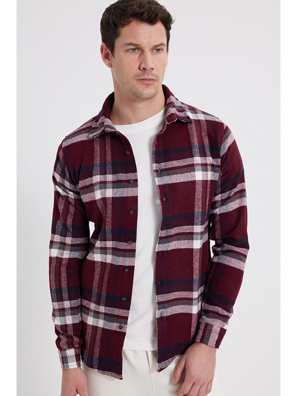 Bordo Erkek Slim Fit Dar Kesim Kareli Kışlık Oduncu Gömlek-7
