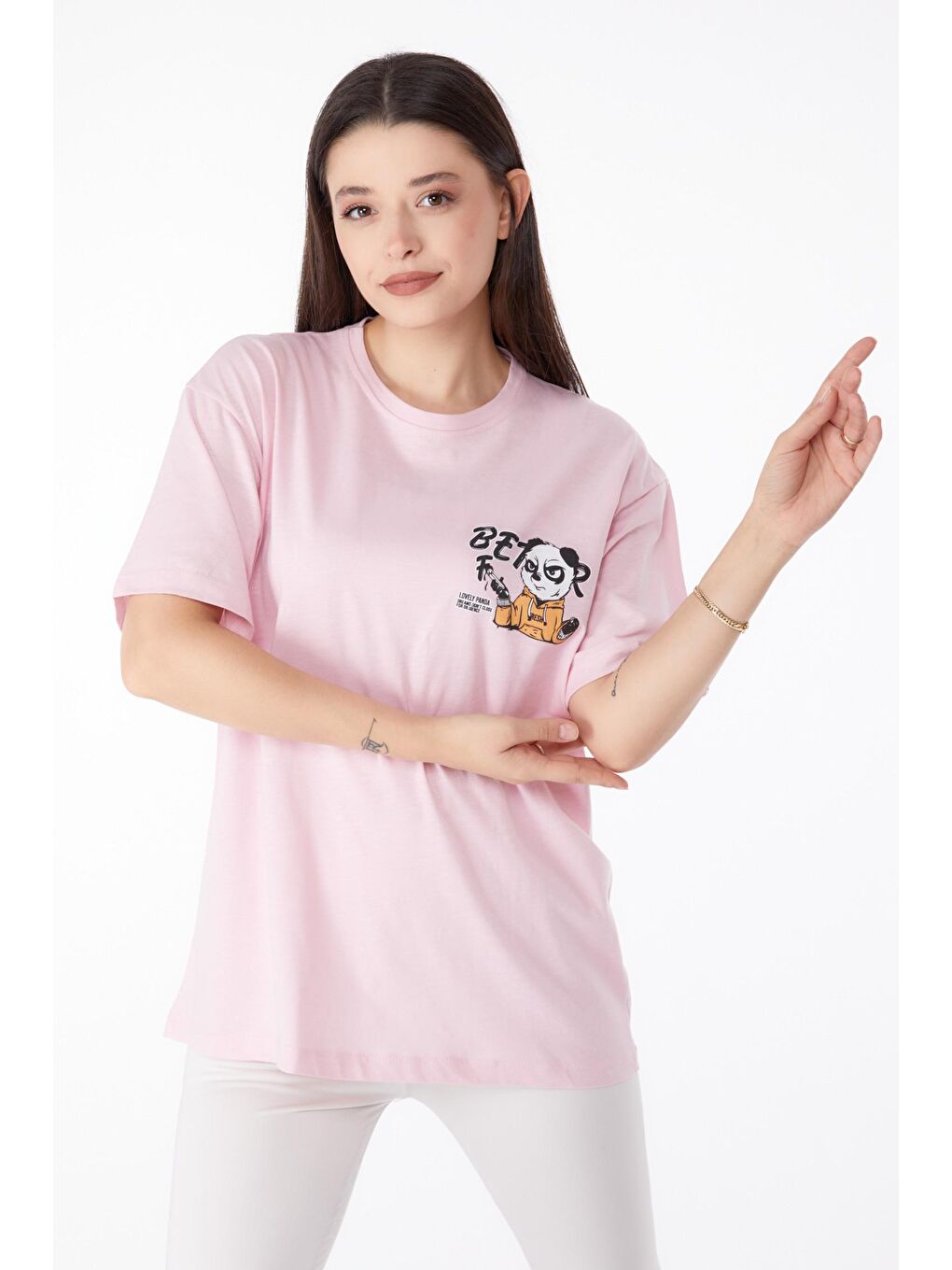 TOFİSA Pembe Düz Bisiklet Yaka Kadın Pembe Baskılı T-shirt - 25286 - 2