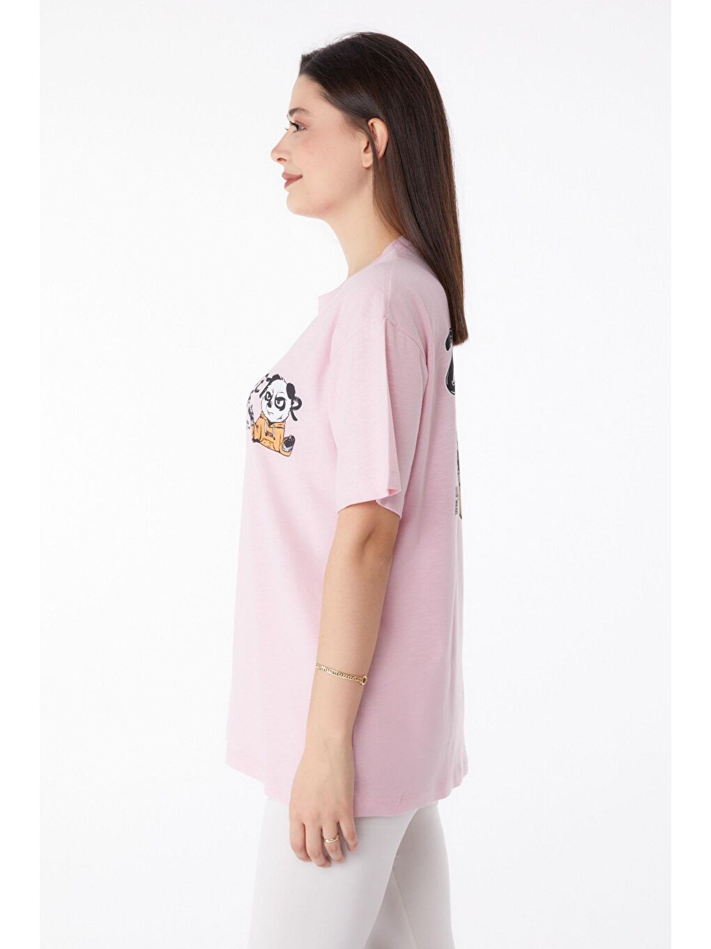 TOFİSA Pembe Düz Bisiklet Yaka Kadın Pembe Baskılı T-shirt - 25286 - 3