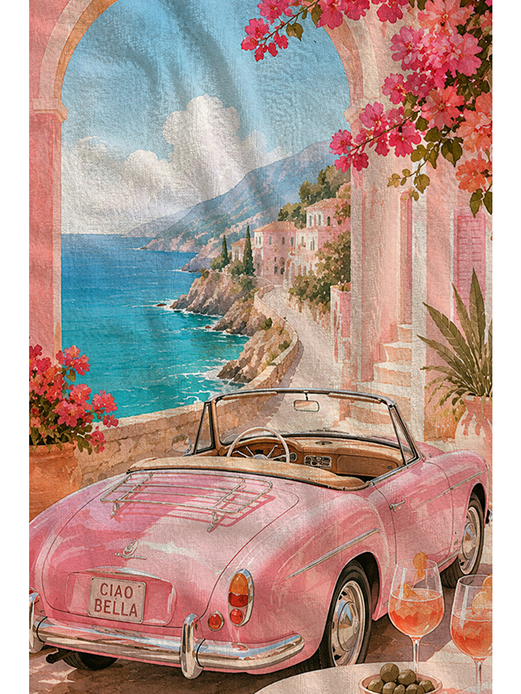 Retro Riviera Pembe Klasik Araba Ve Sahil Desenli 70x150 Plaj Havlusu - Pamuklu Banyo Havlusu-2