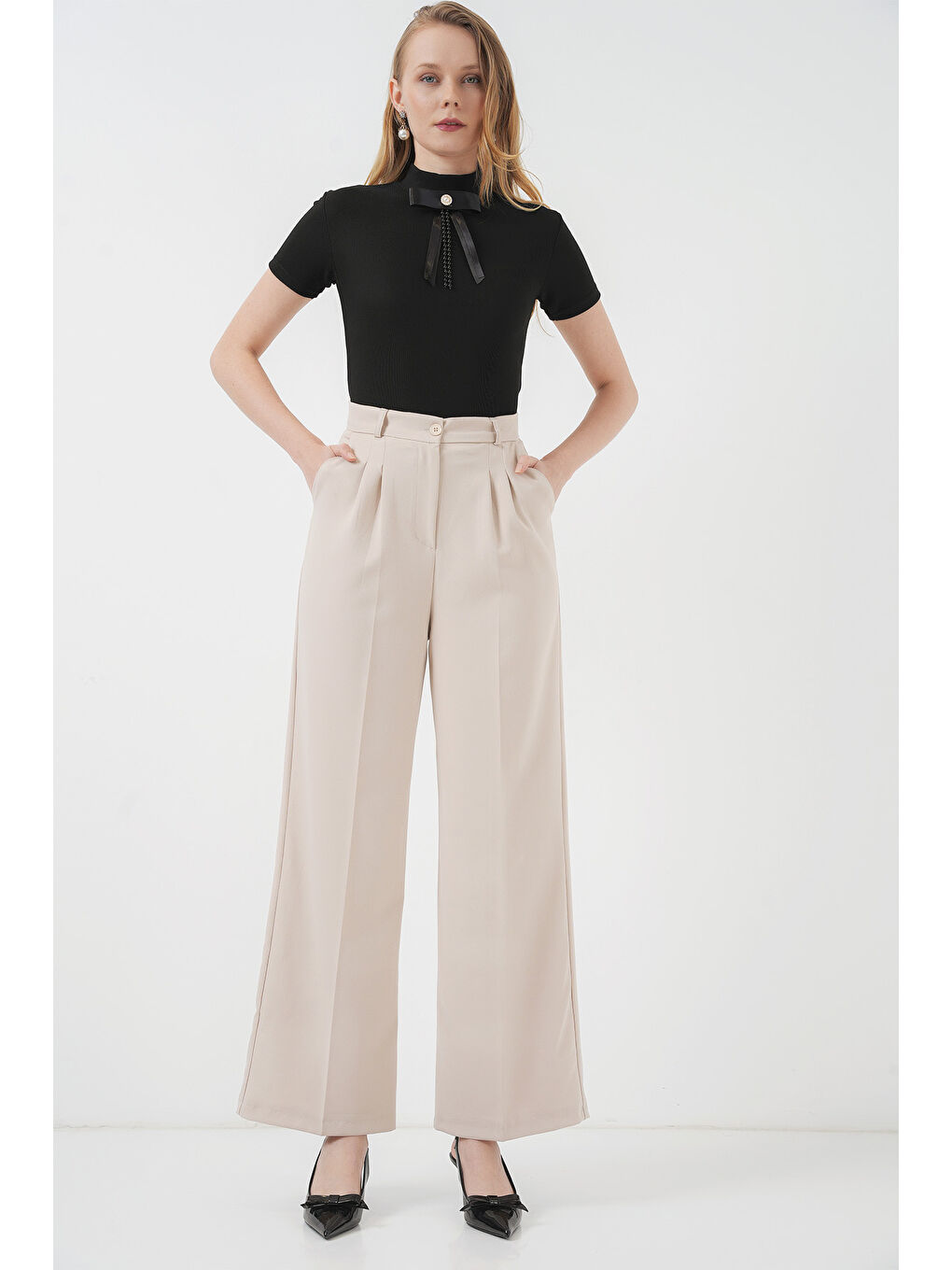 Ekru 6647 Bol Paça Kumaş Pantolon - Krem-2