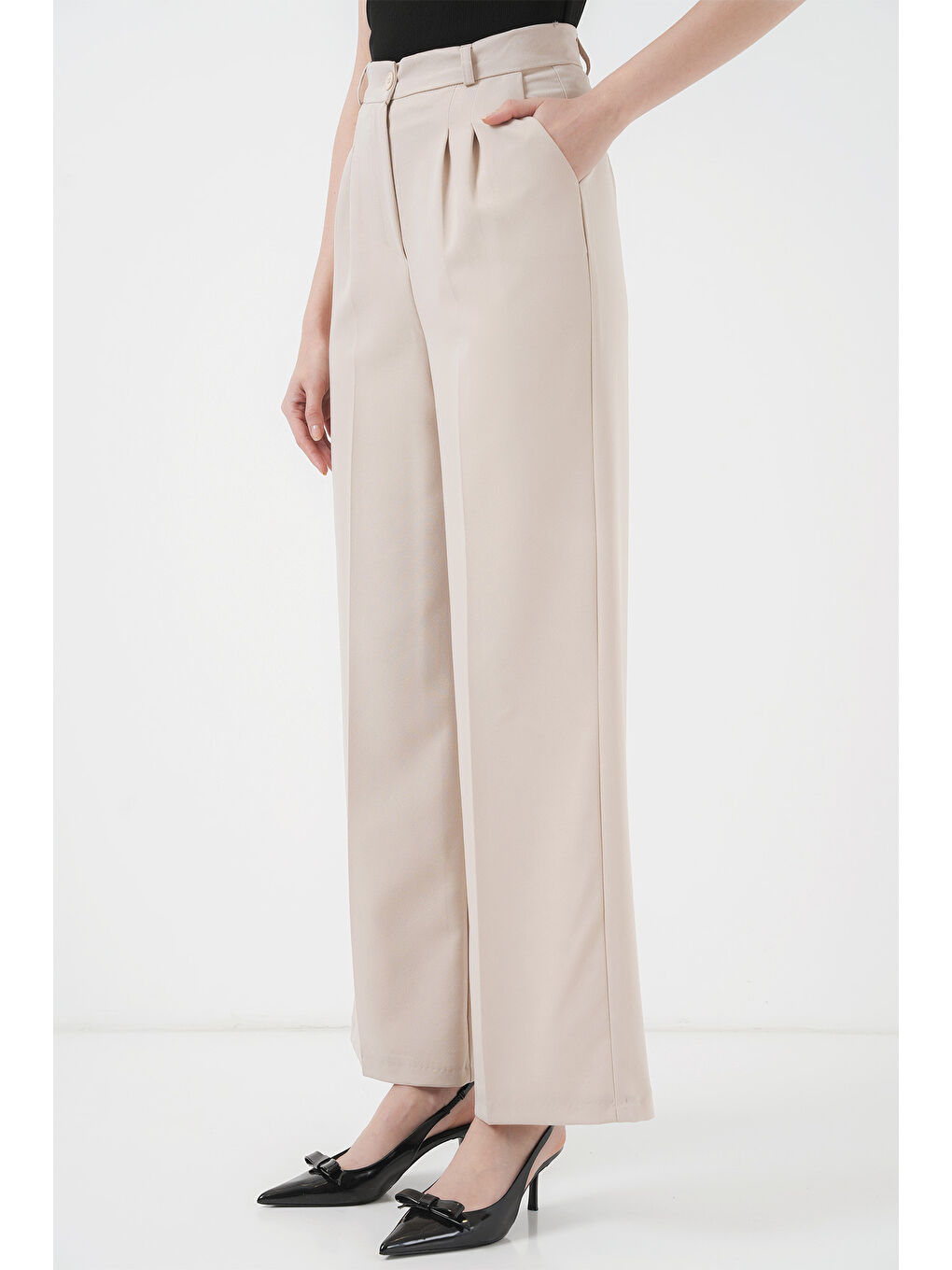 Ekru 6647 Bol Paça Kumaş Pantolon - Krem-3