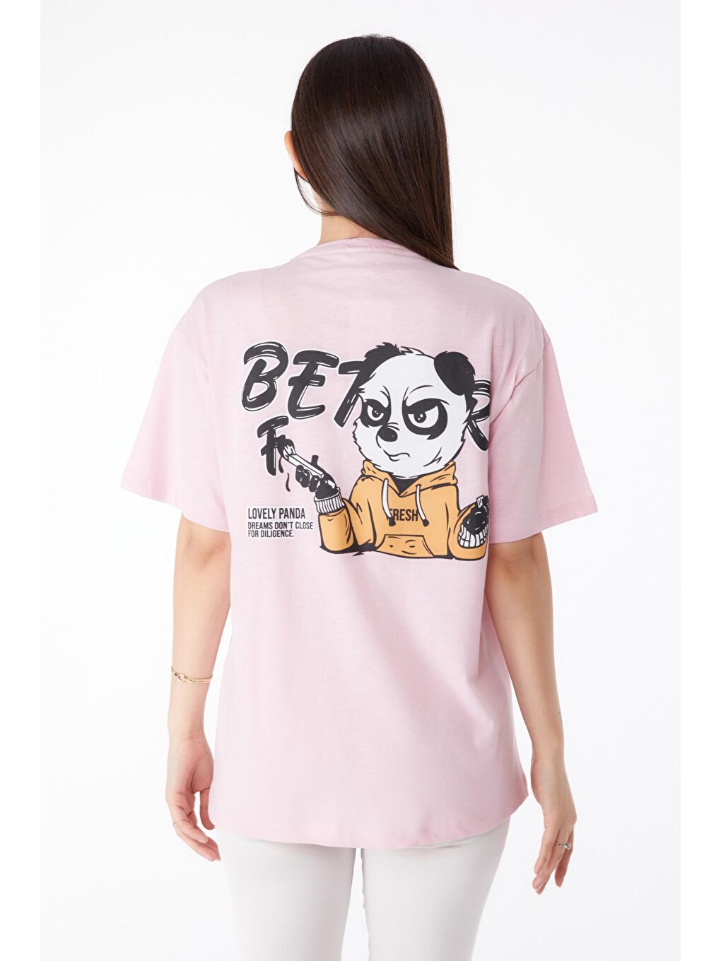 TOFİSA Pembe Düz Bisiklet Yaka Kadın Pembe Baskılı T-shirt - 25286 - 4