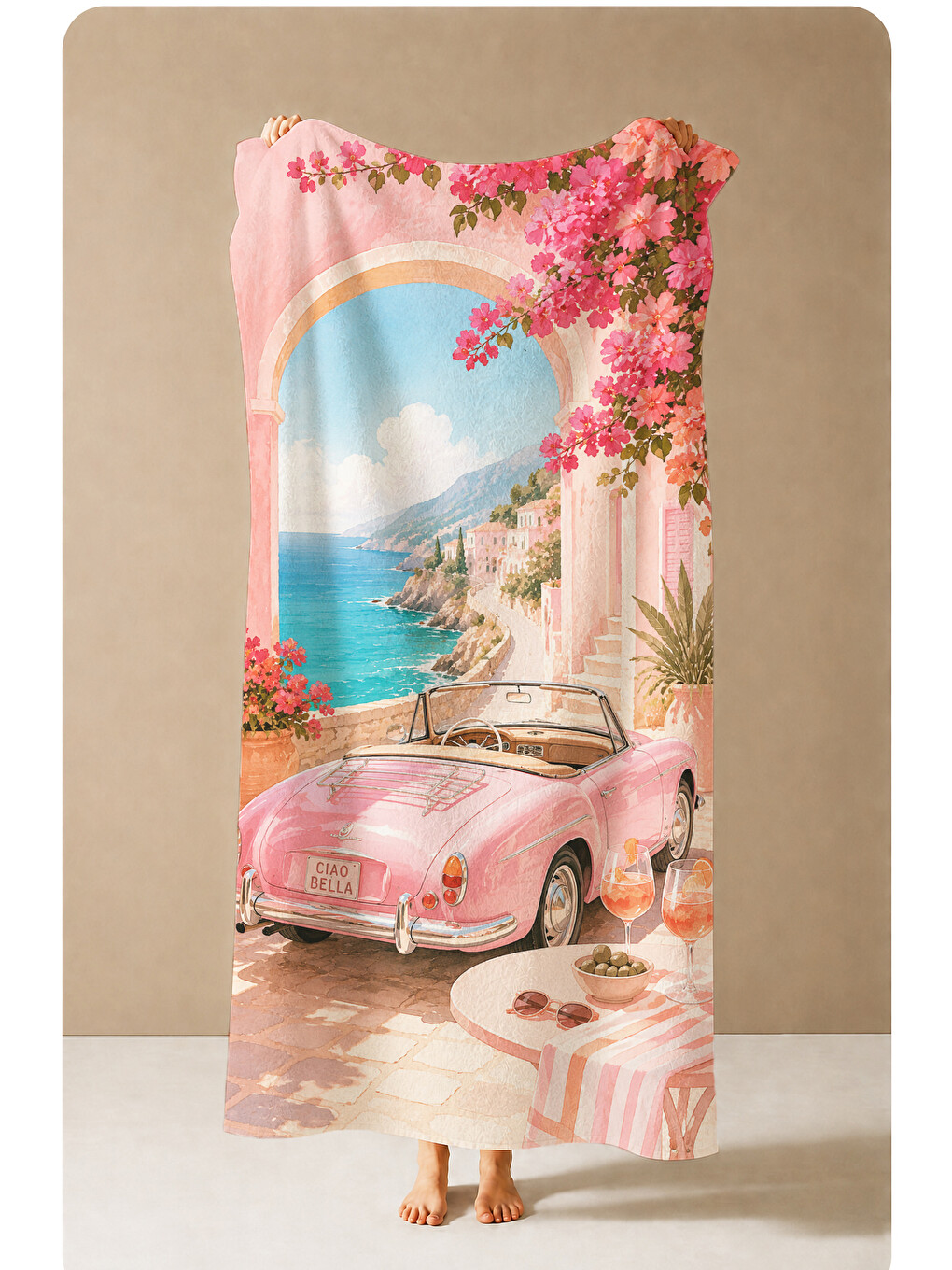 Retro Riviera Pembe Klasik Araba Ve Sahil Desenli 70x150 Plaj Havlusu - Pamuklu Banyo Havlusu-3