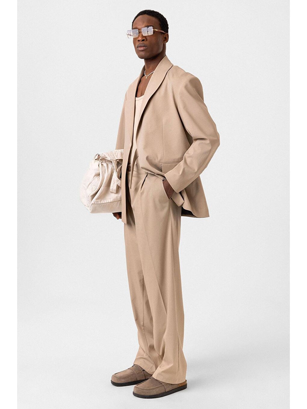 Kuşaklı Kapama Oversize Takım Elbise Bej-1