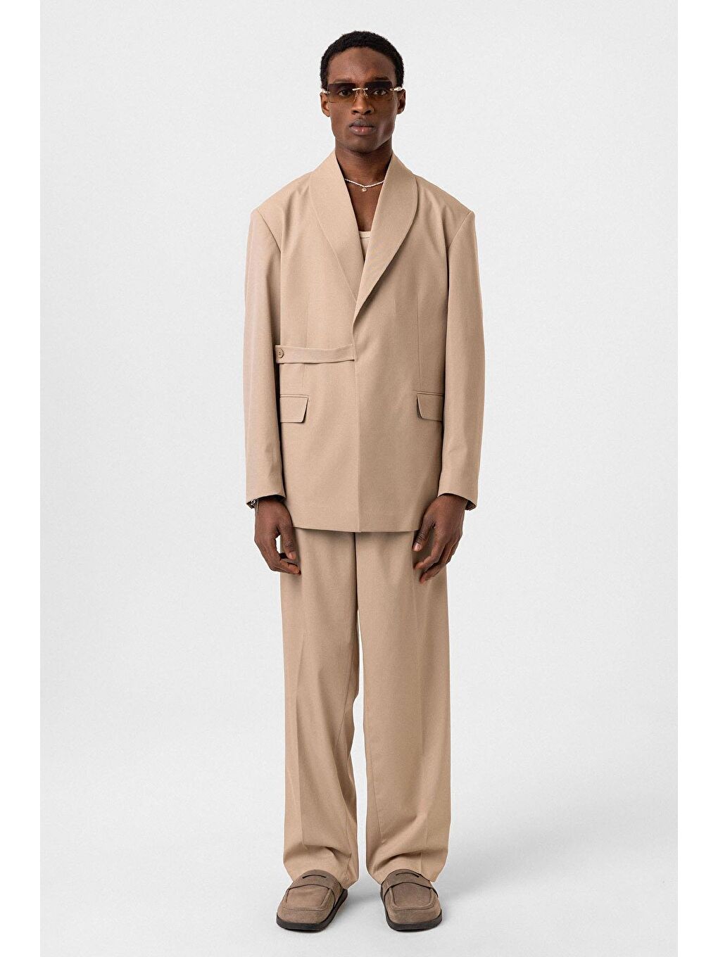 Kuşaklı Kapama Oversize Takım Elbise Bej-2