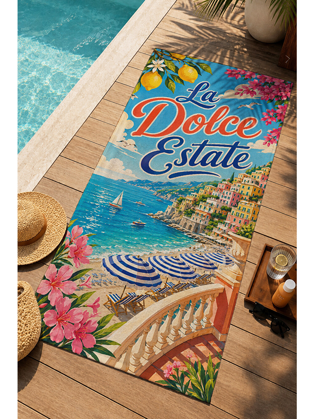 Mavi Vintage La Dolce Estate Akdeniz Sahil Posteri Desenli 70x150 Plaj Havlusu - Pamuklu Banyo Havlusu-1