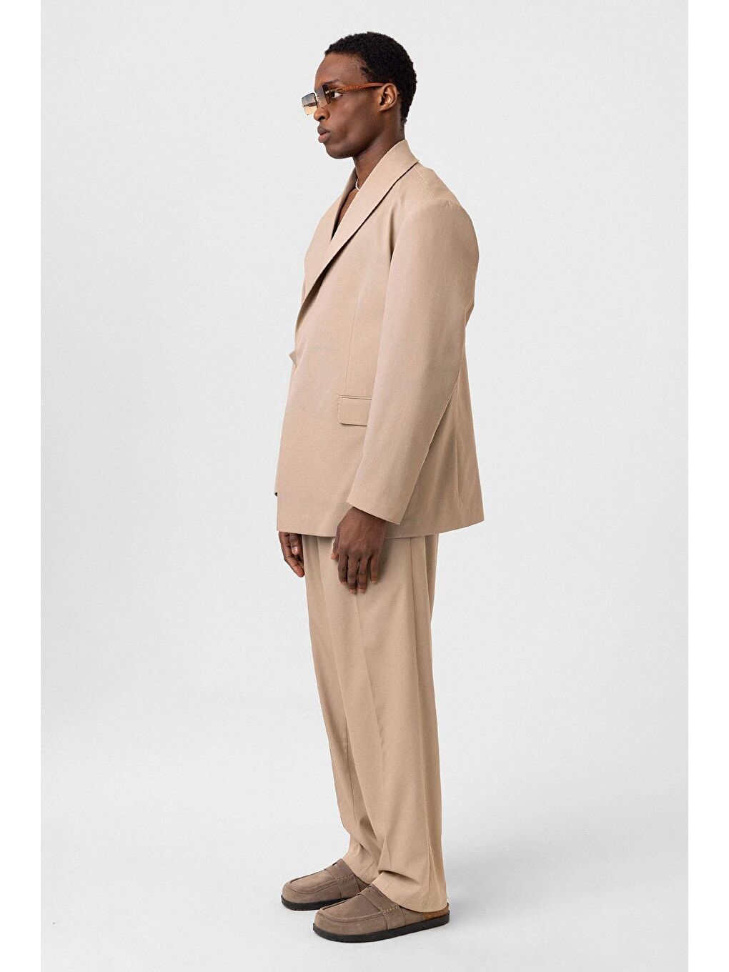 Kuşaklı Kapama Oversize Takım Elbise Bej-3