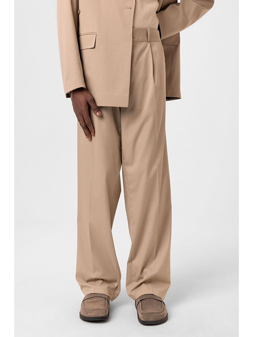 Kuşaklı Kapama Oversize Takım Elbise Bej-4