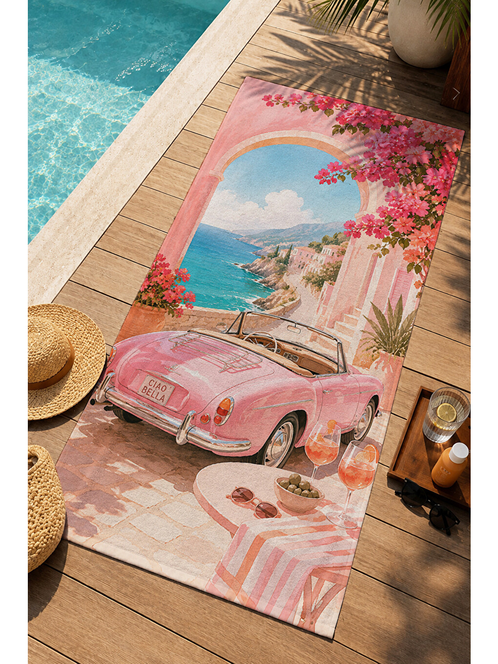 Retro Riviera Pembe Klasik Araba Ve Sahil Desenli 70x150 Plaj Havlusu - Pamuklu Banyo Havlusu-4
