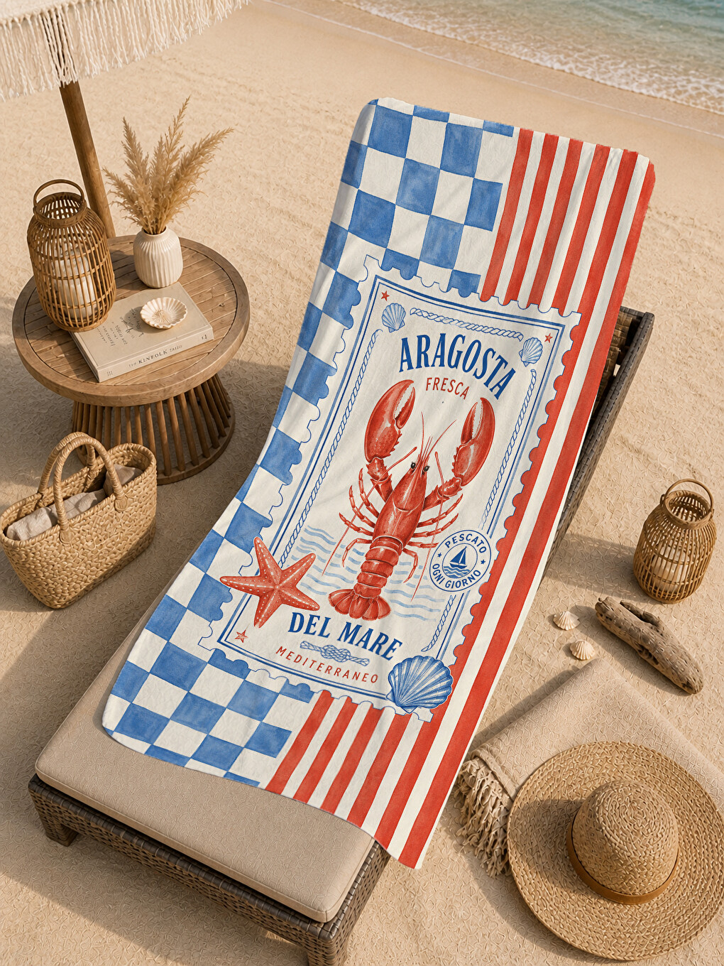 Retro Istakoz Kırmızı Mavi Ekose Poster Desenli 70x150 Plaj Havlusu - Pamuklu Banyo Havlusu-3