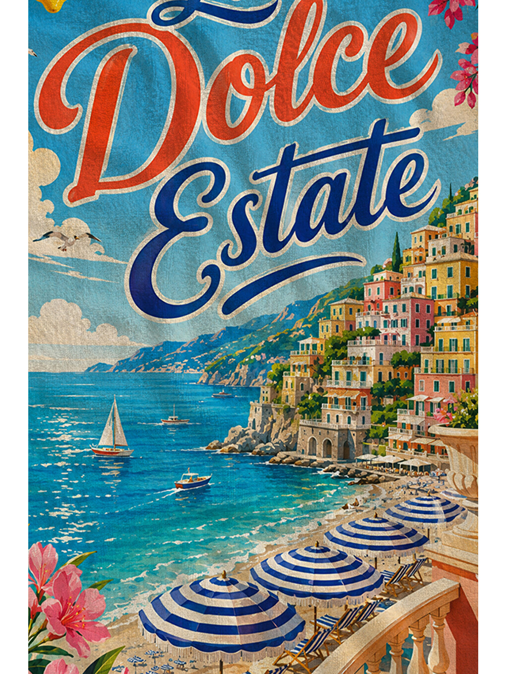 Mavi Vintage La Dolce Estate Akdeniz Sahil Posteri Desenli 70x150 Plaj Havlusu - Pamuklu Banyo Havlusu-2