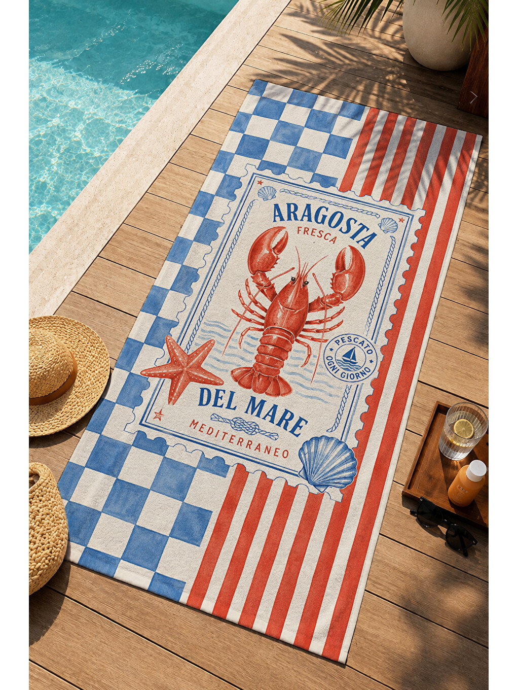 Retro Istakoz Kırmızı Mavi Ekose Poster Desenli 70x150 Plaj Havlusu - Pamuklu Banyo Havlusu-4