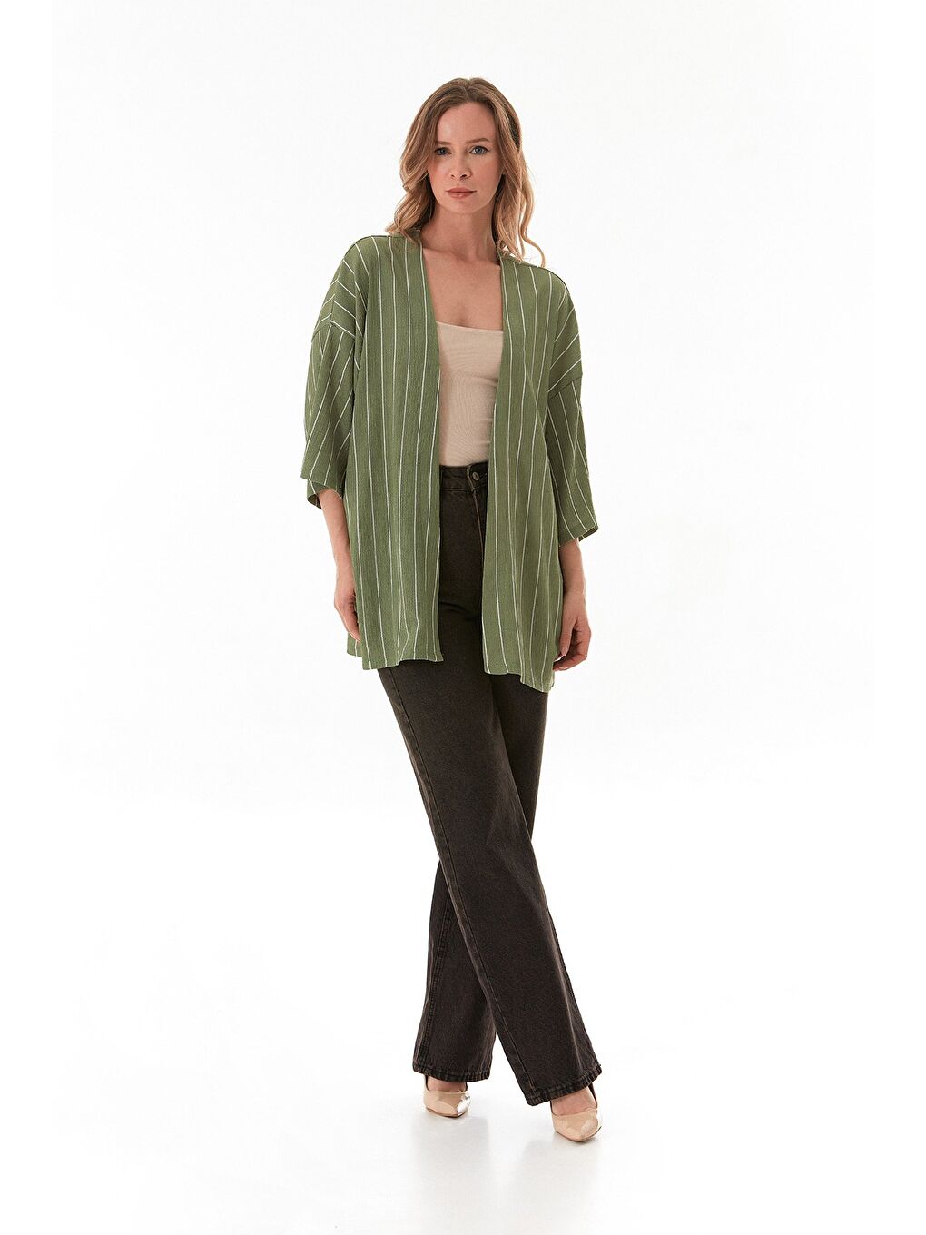 Yeşil Çizgili Bürümcük Kumaş Kimono-1