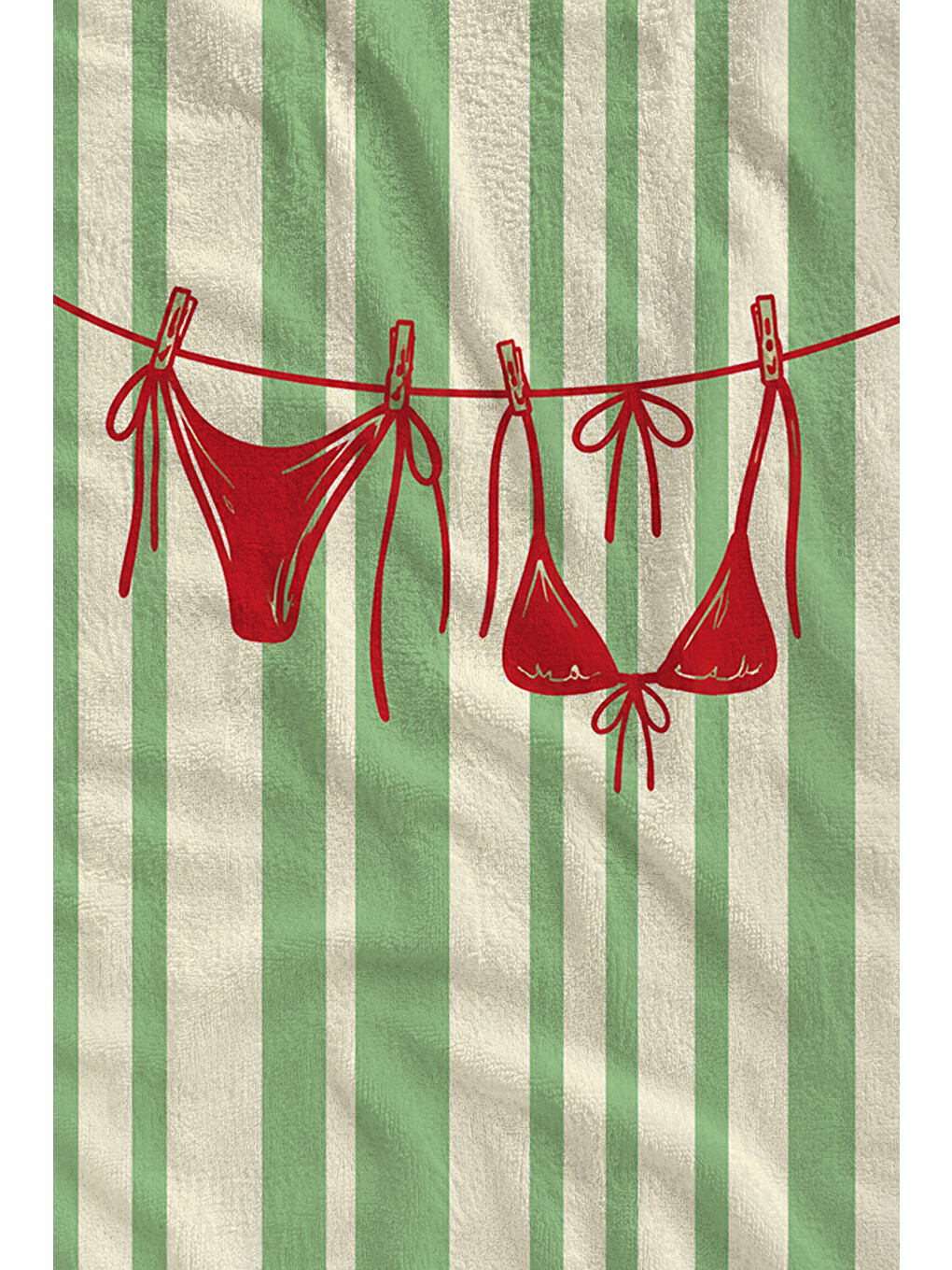 Retro Yeşil Çizgili Kırmızı Bikini Desenli 70x150 Plaj Havlusu - Dijital Baskılı Banyo Havlusu-2