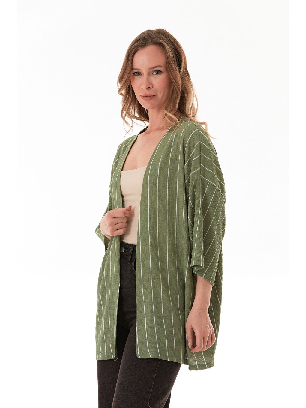 Yeşil Çizgili Bürümcük Kumaş Kimono-3