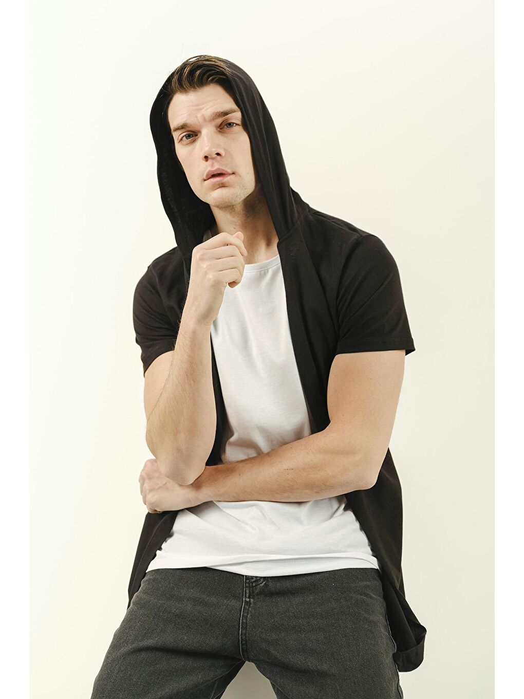 Siyah İçi Tshirt Dikili Erkek Slim Fit Basic Kapüşonlu Hırka