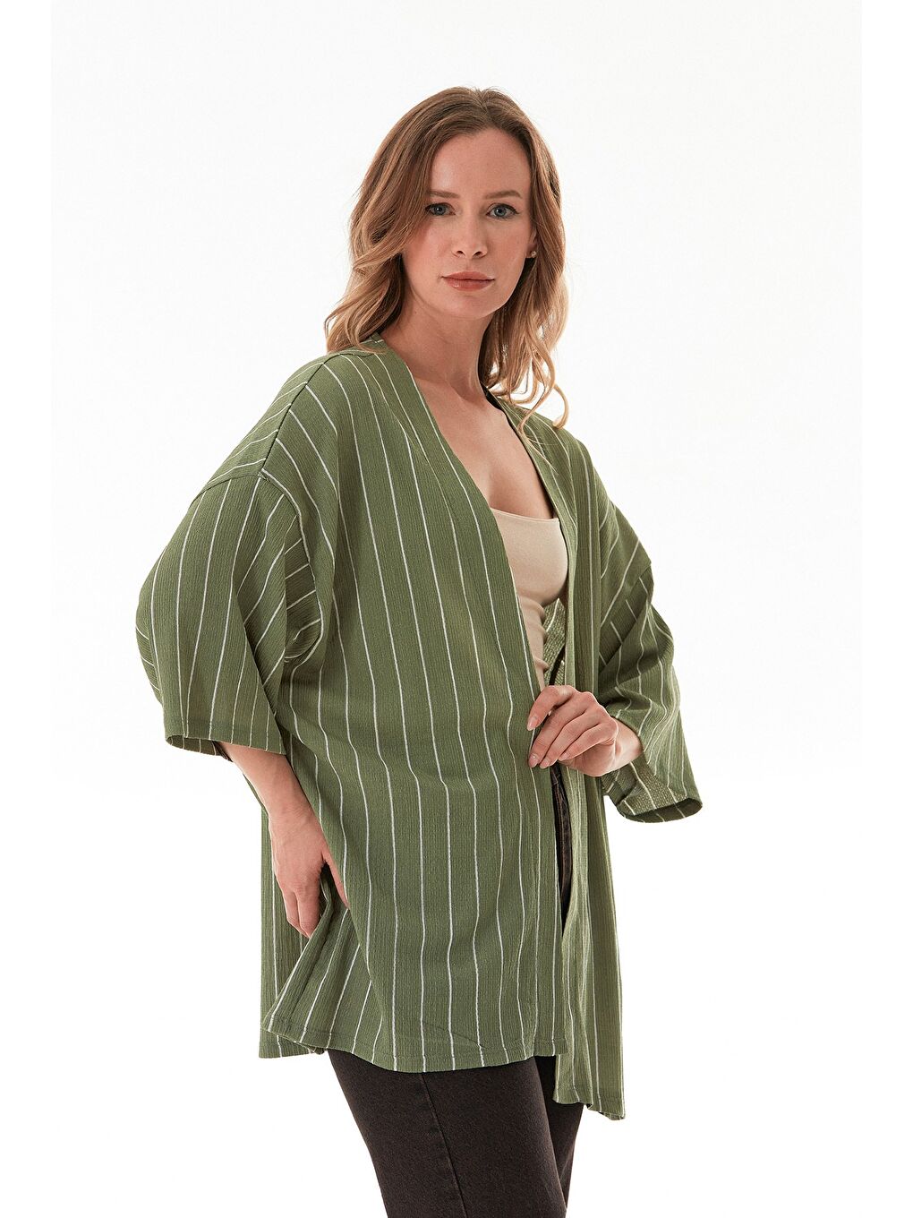 Yeşil Çizgili Bürümcük Kumaş Kimono-4