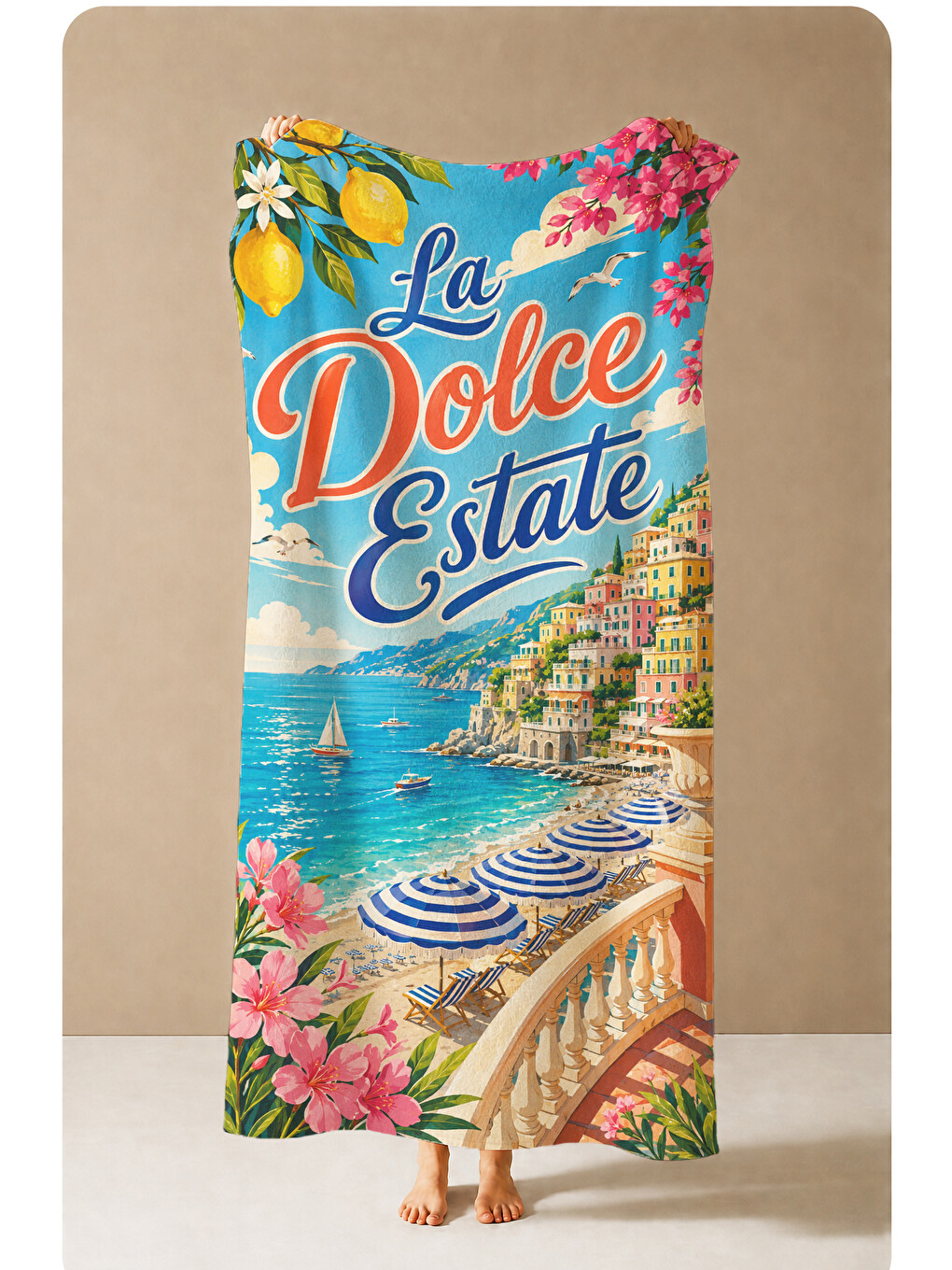 Mavi Vintage La Dolce Estate Akdeniz Sahil Posteri Desenli 70x150 Plaj Havlusu - Pamuklu Banyo Havlusu-3