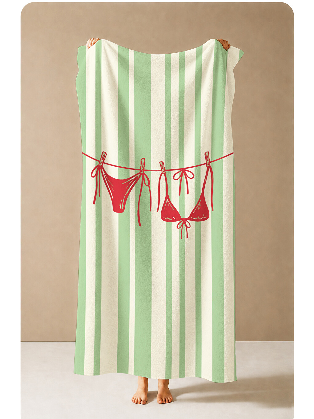 Retro Yeşil Çizgili Kırmızı Bikini Desenli 70x150 Plaj Havlusu - Dijital Baskılı Banyo Havlusu-3