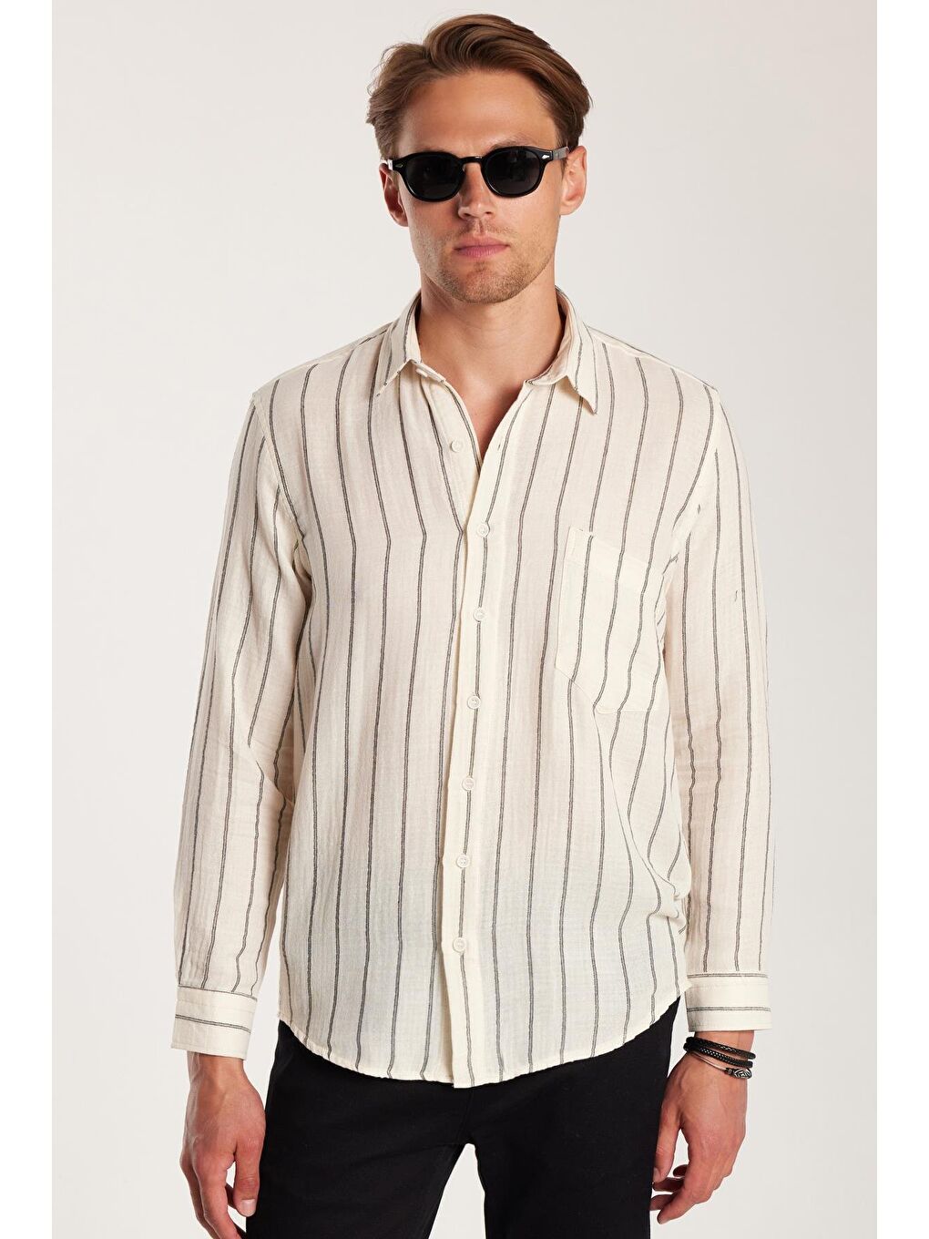 Karışık Regular Fit Keten Görünüm Pamuklu Çizgili Dökümlü Rahat Cepli Spor Gömlek-1