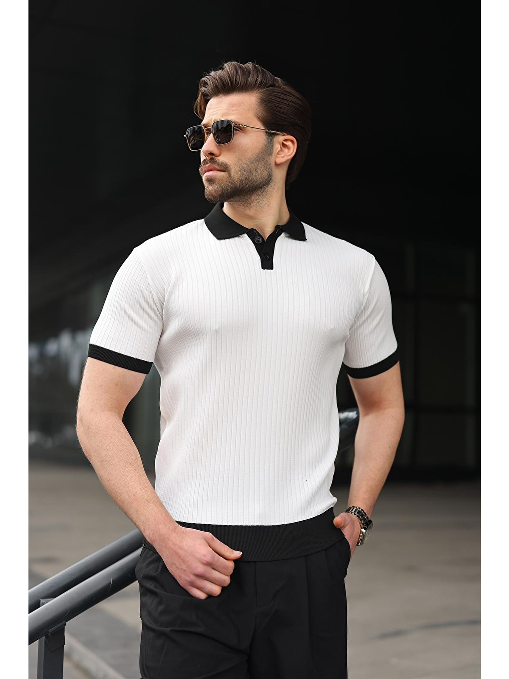 Beyaz Polo Yaka Triko Erkek Tişört E7471-1