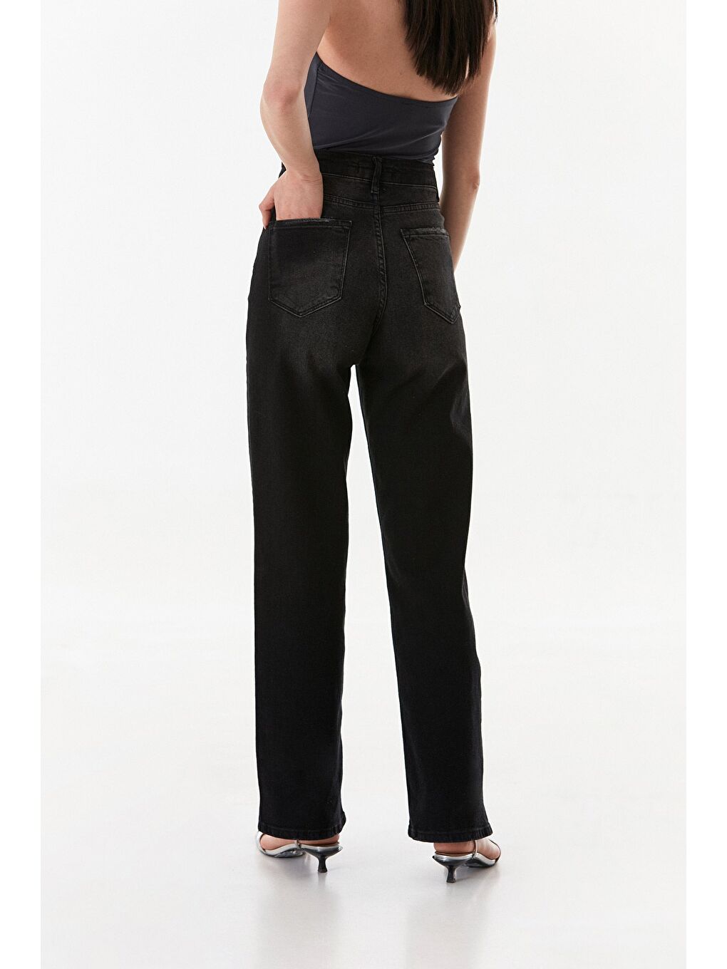 Antrasit Yüksek Bel Fermuarlı Palazzo Jean-3